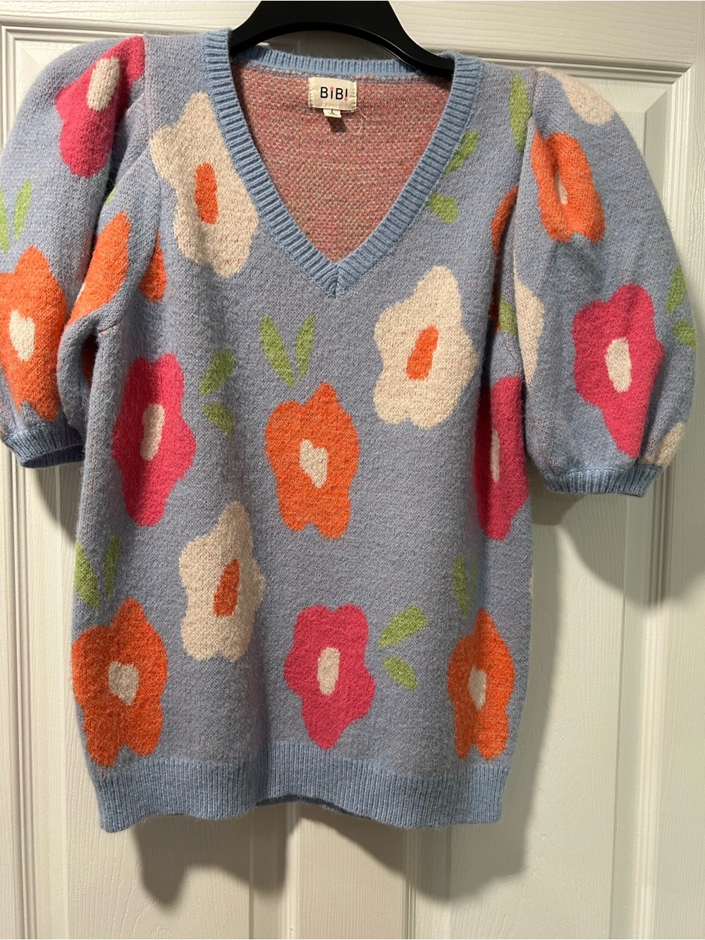 BiBi Light Blue V-Neck Floral Puff Sleeve Sweater